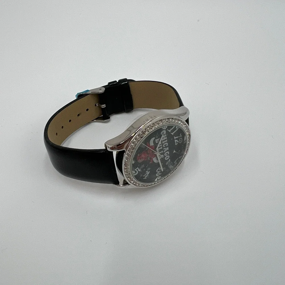 Game Time Chicago Bulls NBA Watch Rhinestone Bezel Black Leather Strap GLI New